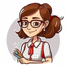  A Cartoon Girl With Glasses Holding A Pencils And A Pen In Her Hand, With A Smile On Her Face And A Red Tie On Her Neck, And A White Background With A.  Generative Ai