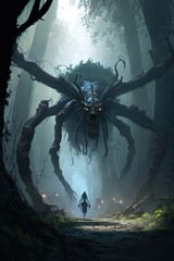 a giant spider crawling through a forest filled with trees, concept art illustration 