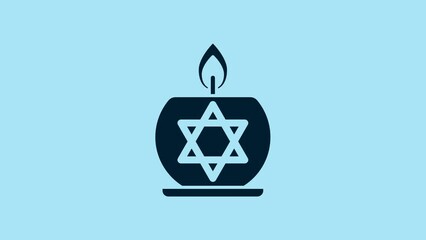 Canvas Print - Blue Burning candle in candlestick with star of david icon isolated on blue background. Cylindrical candle stick with burning flame. 4K Video motion graphic animation