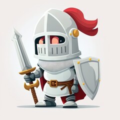  a cartoon knight with a sword and shield on his chest and a red hair on his head, holding a sword and a shield in his hand, standing on a white background with a.  generative ai