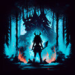 silhouette of a sinister Viking woman with two axes in her hands stands in an epic pose in the middle of burning forest, her eyes clearly glow in the dark of the night forest like a demon, 2d blot art