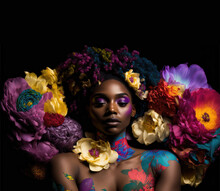 A Beautiful Black African American Girl With Colorful Hair In Multi Colored Flowers On Dark Background With Copy Space, Generative AI