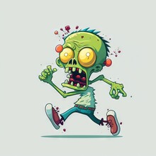  A Cartoon Zombie Running With A Red Nose And Green Hair And Eyes, With A Green Shirt And Blue Jeans And Red Shoes, With A Red Nose Ring And Mouth Ring, And Eyes.  Generative Ai