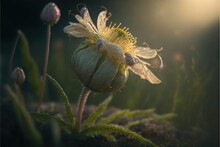  A Flower With A Bug On It In The Sun Light, With Other Flowers In The Background, In A Field Of Grass And Dirt, With Sunlight Shining On The Ground, With A.  Generative Ai