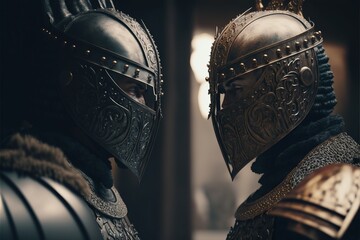 Wall Mural - Knight versus Knight. Head to Head Before Battle. Generative AI.