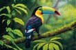  a colorful bird perched on a branch in a forest with green leaves and a tree branch with a toucan on it's side.  generative ai