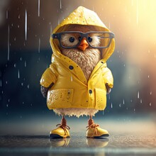  A Little Owl Wearing A Yellow Raincoat And Glasses Standing In The Rain With A Pair Of Yellow Shoes On His Feet And A Yellow Raincoat On His Head And A Yellow Raincoat.  Generative Ai