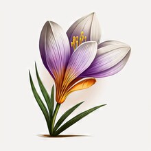  A Purple Flower With Yellow Stamens On A White Background With A Green Stem And A Yellow Stamen On The End Of The Stem, With A White Background With A White Border.  Generative Ai