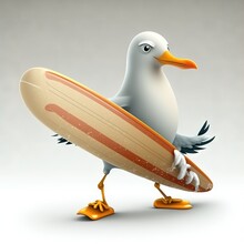  A Bird Is Holding A Surfboard In Its Paws And Standing On It's Legs With Its Legs Spread Out And Feet Spread Out, With A Gray Background, Gray Background, Gray.  Generative Ai