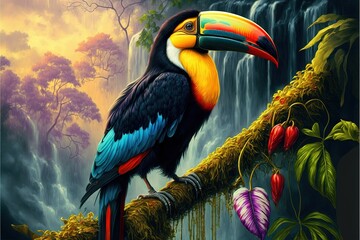 Wall Mural - a painting of a toucan sitting on a branch in front of a waterfall with flowers and leaves around it