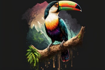  a colorful bird sitting on a branch with a black background and trees in the background with a splash of paint on it's side.  generative ai