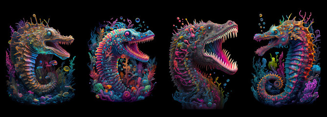 Wall Mural - Angry multicolored seahorse with teeth. AI generative.