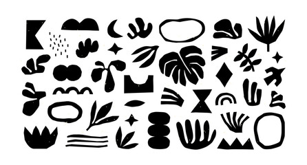 Wall Mural - Black and white organic shape doodle collection. Funny basic shapes, random childish doodle cutouts of tropical leaf, hand and decorative abstract art on isolated background.