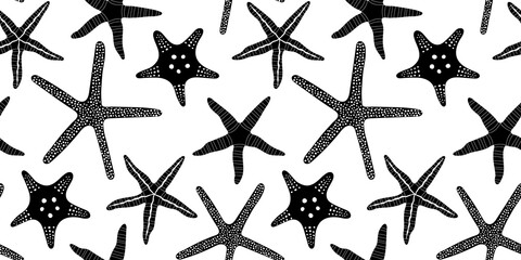 Black and white star fish seamless pattern. Summer marine animal background design. Vacation travel concept. Starfish flat cartoon backdrop illustration.