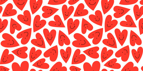 Wall Mural - red love heart seamless pattern illustration with funny smiling face. doodle hearts background print