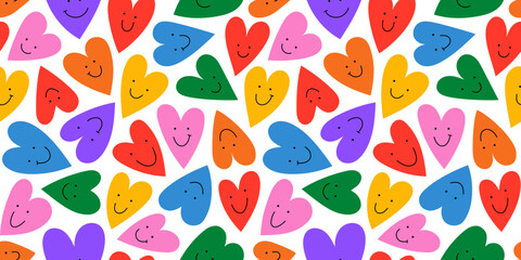 Wall Mural - colorful rainbow love heart seamless pattern illustration with funny smiling face. diverse hearts ba