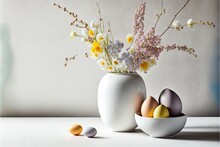 A Vase With Flowers And Eggs On A Table Next To It, With A Vase Of Flowers In The Background And A Few Eggs In The Foreground.  Generative Ai
