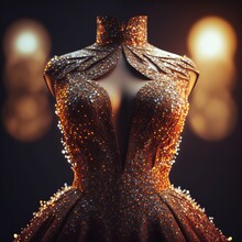 A Beautiful Haute Couture Dress On A Mannequin That Is Made Of A Fiery Fabric With Sparkles And Small Flames.