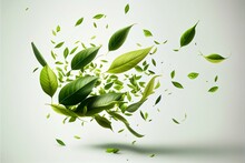 Falling Tea Leaves, Realistic Green Foliage Flying In Air Isolated On Transparent Background. Floral Organic Elements For Products Packaging Design, Advertising, Promo, 3d. Generative AI