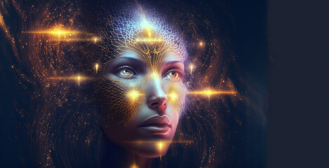 Wall Mural - starseed so beautiful with her activated pineal gland. copy space. concept. cosmic woman, esoteric, 
