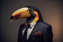  A Bird Wearing A Suit And Tie With A Colorful Beak On It's Head And A Black Suit Jacket With A White Shirt And Red Tie.  Generative Ai
