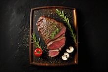 A Piece Of Steak With Herbs And Mushrooms On A Plate With A Tomato And Pepper On The Side On A Black Background With A Black Surface.  Generative Ai
