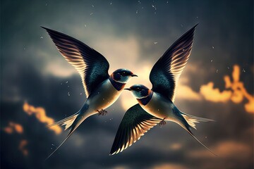  two birds flying in the sky with a cloudy background and a sun in the background with clouds and stars in the sky, with one bird flying in the foreground.  generative ai