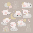 Cartoon Set with Cute Lambs sleeping on Clouds
