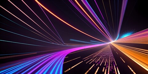 Wall Mural - Abstract fiber optic lines with particles colliding, blue pink and orange CGI concept render, AI generated