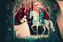 A Fairytale Illustration Of A Knight And A Princess, Fantasy, Epic, Tale, Vintage. Generative AI