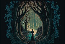 A Fairytale Illustration Of A Mysterious Forest, Fantasy, Epic, Tale, Vintage. Generative AI