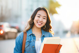 Fototapeta Pomosty - Half-length portrait of a beautiful casually dressed Asian female student with a charming smile posing outdoors with a backpack and a bunch of books in her hands