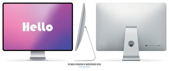 Poster - computer monitor silver color with colored screen front, back and side view isolated on white background. realistic and detailed mockup of display for system unit. vector illustration