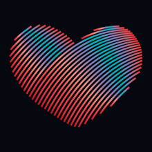 Unusual Abstract Heart Logo Vector Illustration, Rainbow Stripes Lines On A Black Background, For Design, Decor, Print, Decoration, Cards. Creative Colorful Heart Icon Symbol, Valentines Day