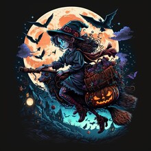 Witch Riding A Broom During Full Moon Halloween With Bats