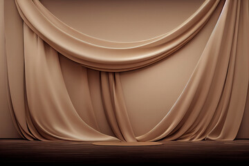 Light brown fabric draped over the wall background, luxury silk backdrop for fashion product presentation, elegant minimal drapery design