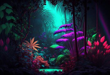 Wall Mural - A Vibrant 3D Neon Jungle: Exploring the AI-Generated Wilderness of Exotic Fauna and Flora