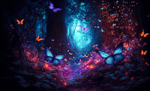 Fluttering Fireflies And Butterflies Fly In The Night Fantasy Enchanted Forest. Fairy Tale Concept., Generative Ai	