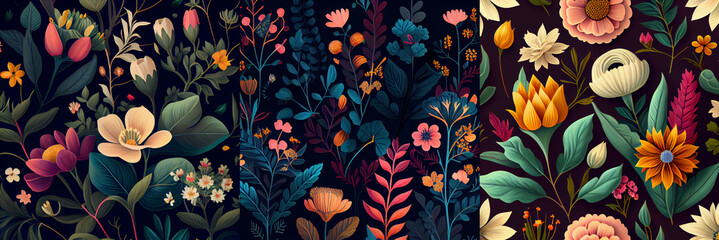 Wall Mural -  illustration of a seamless floral pattern with big Autumn flowers on a dark tone background. Good for cover and wallpaper. Design collection for banner, poster, card and book.