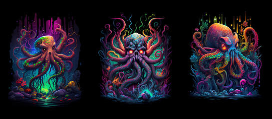 Angry multicolored octopus with tentacles. AI generative.