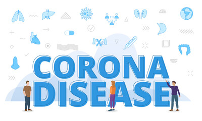 Wall Mural - corona disease concept with big words and people surrounded by related icon with blue color style