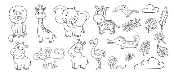  Linear sketches, coloring pages of little cute animals of the African savannah and tropical leaves.Vector graphics.