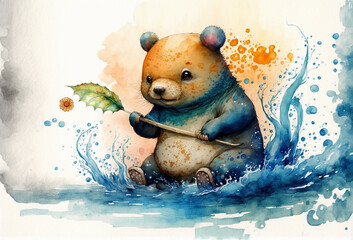 Wall Mural - Fantasy watercolor cute bear folk playing in water, children book illustration, Japanese style, Generative AI