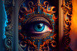 Creative generative AI illustration of unrecognizable woman with blue eye gazing at camera through hole on door with carved ornaments