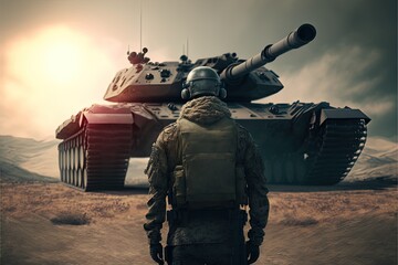 Illustration of an army man in front of a tank - Created with generative ai Technology