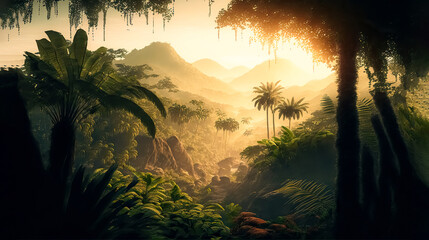 Wall Mural - A beautiful fairytale enchanted jungle rainforest with sunbeams. Enchanted tropical rain forest. Digital art	