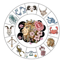 Leo And Flower Of Astrology Design.horoscope Circle With Signs Of Zodiac Set Vector.signs Such As A Aries, Taurus, Gemini, Cancer, Leo, Virgo, Libra, Scorpio, Sagittarius, Capricorn,aquarius, Pisces.