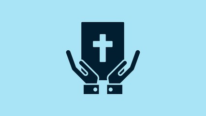 Sticker - Blue Oath on the Holy Bible icon isolated on blue background. The procedure in court. Truth and truth. Promise before god. 4K Video motion graphic animation