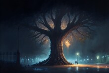 Impressionist Style Concept Art Of Giant Subterranean Bioluminescent Tree Unearthly Glow Victorian Street Lights Vast Scale Hundreds Of Feet Tall Painterly 