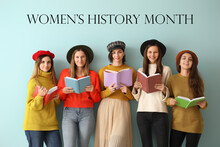 Banner With Young Girls Holding Books And Text WOMEN'S HISTORY MONTH On Grey Background